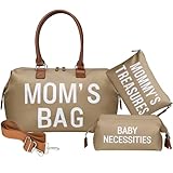 printe Mom‘s Bag, Hospital Bag for Labor and Delivery, Large Mom's Diaper Tote for Mom Travel, Waterproof Baby Handbag with 2 Organizer Pouches, Khaki