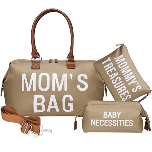 Image of printe Mom‘s Bag, Hospital Bag for Labor and Delivery, Large Mom's Diaper Tote for Mom Travel, Waterproof Baby Handbag with 2 Organizer Pouches, Khaki