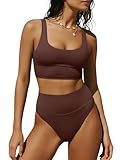 ANRABESS Women's High Waisted Bikini Sets Two Piece Tummy Control Swimsuits High Cut Summer Beach Vacation Bathing Suits Brown Red Medium