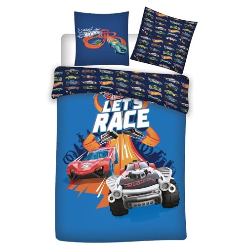 Hot Wheels Juego de ropa de cama de 135 x 200 cm + 80 x 80 cm, diseño de coches de carreras de coches de carreras · 2 piezas de ropa de cama infantil de 100 % algodón en linón