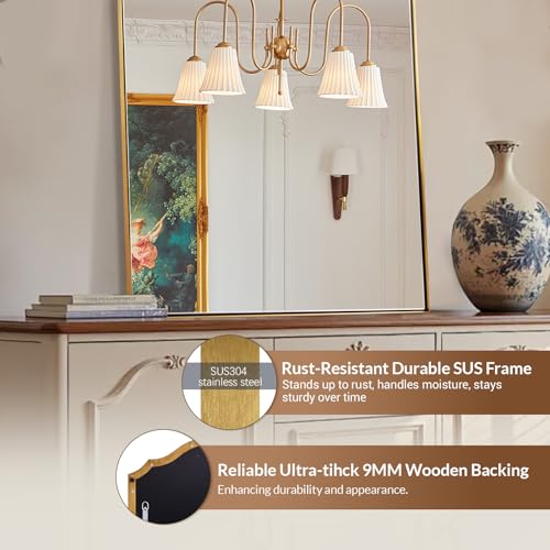 Image of 30x40 Inch Gold Bathroom Mirror, Arch Top Design Stainless Steel Mteal Frame, Brass Arch Mirrors for Wall Ideal for Bathroom, Entry, Living Room