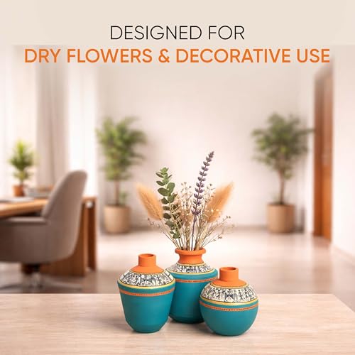 Image of Aakriti Art Creations Terracotta Vases Set of 3 | Handmade Blue Warli Art Flower Vases Oasis Earthy Accents | Matte Finish Decorative Vases for Artificial Plants Home Decor & Gifting