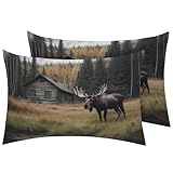 MMYAOKEN Moose Pillow Cases King Size Set of 2 - Soft Breathable Microfiber Pillowcases with Envelope Closure, Forest Animal Cabin Lodge Patterned Pillow Covers, Moose Decor