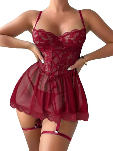 Image of Lilosy Sexy Garter Belt Mesh Lace Babydoll Lingerie Dress Set with Thong