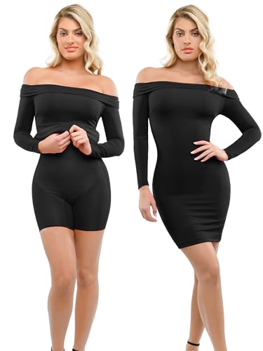 Popilush The Shapewear Dress Off Shoulder Bodycon Mini Dress with Built in Shapewear Long Sleeve Dresses for Women 2024