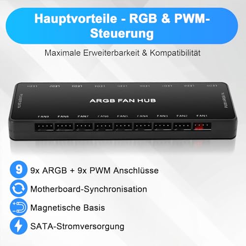 AYWHP ARGB PWM Fan Hub Hub de 9 vías con base magnética, fuente de alimentación SATA de 18 puertos, 5 V 3 pines ARGB y 4 pines PWM, sincronización RGB para PC Case & CPU - imagen 2