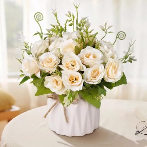 Mandarooker Fake Flowers with Vase,White Roses Artificial Flowers in Vase