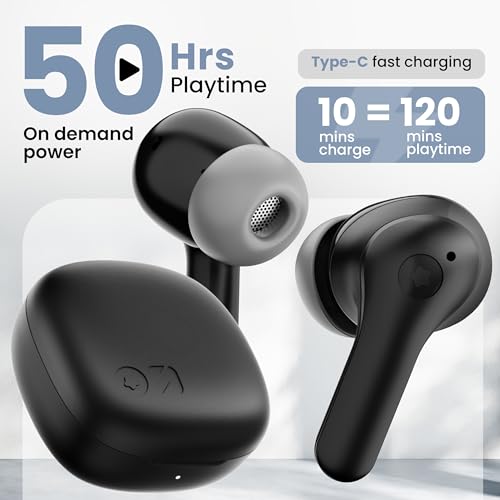 Image of GOBOULT Made in India K10 Ear Buds Wireless with 50H Playtime, 4 Mics Clear Calling, 45ms Low Latency Gaming, IPX5, 10mm Bass Drivers Earbuds Bluetooth Wireless Earphones(Pure Black)