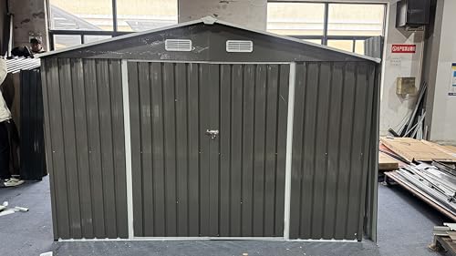 Image of 10x14 FT Metal Storage Shed,3 Lockable Doors,Window,Grey | 796cuft,7lbs /sqft roof.Sloped roof drains.Galvanized steel,rust proof.Clear window,vented.Side door