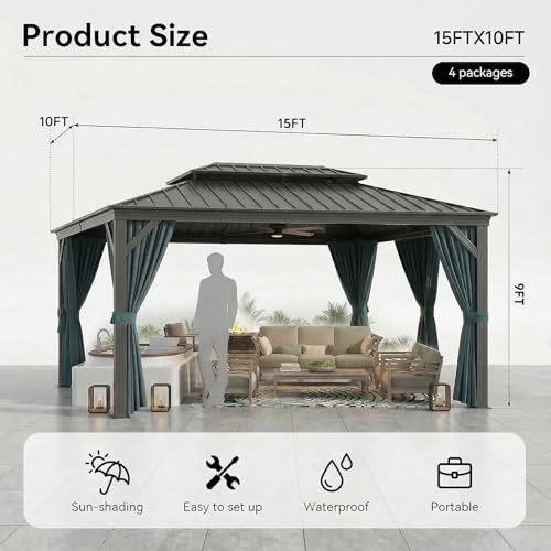 Image of HOTEEL 10x15 Hardtop Gazebo On Clearance with Galvanized Steel Double Roof,Heavy Duty Gazebo with Flame-Retardant Curtain & Netting, Permanent Pavilion Outdoor for Patio, Frame Thickened, Black