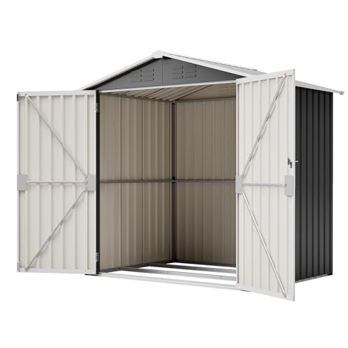 FammyLoft Gartenhaus Metall, 185x142x185cm, Garten Geräteschuppen Metall, Gerätehaus mit Bodenfundament & Schloss, Gartenschrank Wasserdicht für Garten, Terrasse und Hof, Grau(Ohne Boden)