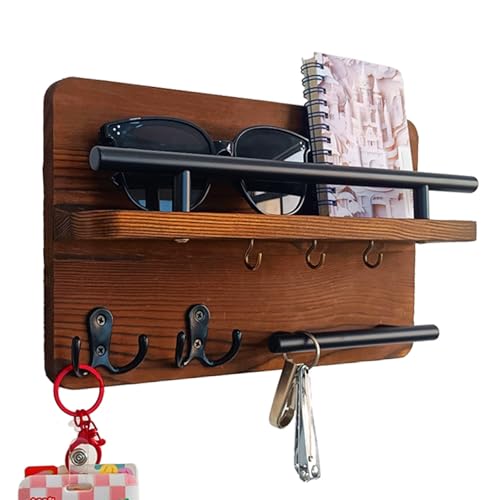 ASelected Key Holder for Wall, Wooden Key Rack with 5 Hooks and Storage Shelf, Wall Mounted Wooden Key Mail Organizer, Mounted Hangers Rack for Entrance, Living Room, Corridor, Office