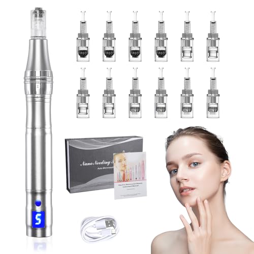 Elektrische Microneedling Pen mit 12 Nadelköpfe Tragbare,Micro Needle Roller Electric mit mit 7 Farben,9 Stufen,Wiederaufladbar Kabellos Mikronadel Stift(Silbrig)