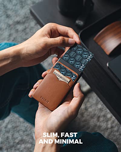 Image of VULKIT Credit Card Holder Minimalist Slim Pop Up Wallet with Leather Slots RFID Blocking for Men and Women Holds 7 Cards and Notes Brown