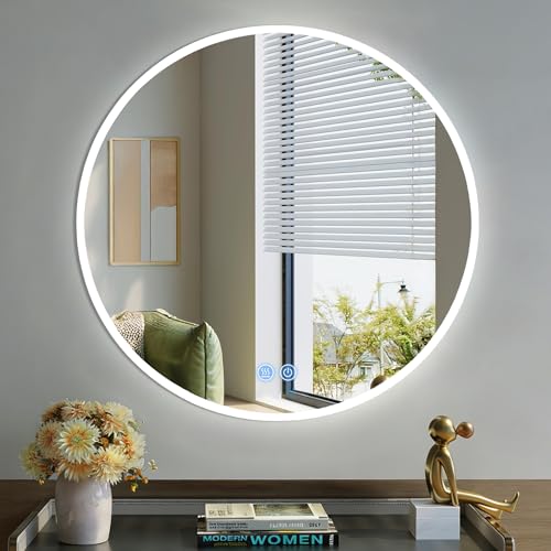 Espejo Baño con Luz Redondo 80 cm,Espejos de baño con iluminación LED, con Interruptor de Sensor táctil Espejos-de-Pared con Regulable, 3 Colores Luces, Función Memoria,Vidrio Templado HD