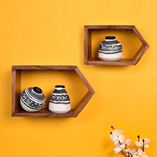 Image of AAKRITI ART CREATIONS Wooden Wall Decor Set with 2 Shelves & 3 Warli White Pots | Wooden Wall Hanging Shelves with Terracotta Vases | Matte Finish Decorative Wall Art for Living Room & Gifting
