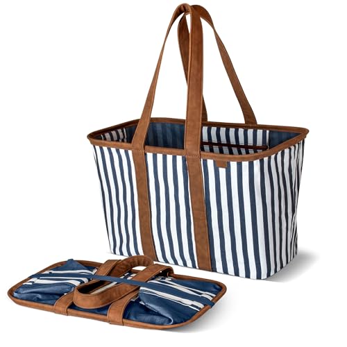 CleverMade Collapsible LUXE Tote - Navy Striped 1 Pack 30L / 8 Gal - Reusable Grocery Shopping Storage Bag Organizer w/ Handles Reinforced Bottom