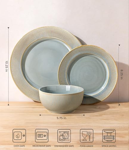 Image of TheTerra Stoneware Dinnerware Sets for 4, 12 Pieces Ceramic Plates and Bowls Sets, Scratch Resistant Embossed Dish Set, Oven, Microwave & Dishwasher Safe, Desert Sage