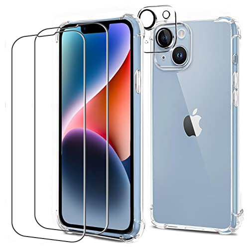 Coque pour iPhone 14 avec 2 Verre Trempé Protection écran et 1 Caméra Arrière Protecteur,Transparent Étui en Silicone Antichoc,Mince Souple TPU Housse Case Cover iPhone14-6.1 Pouces Cover