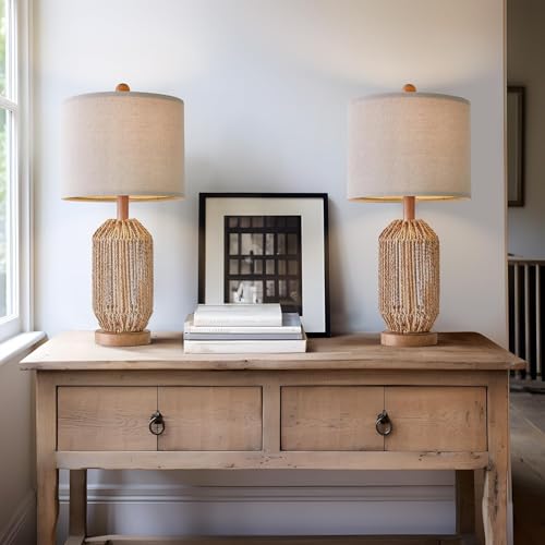 Image of OYEARS 21 inch Boho Table Lamps Set of 2 for Living Room, Bedside Lamps for Nightstand, Rattan Lamp for Bedroom, Farmhouse Table Lamps for Boho Decor, End Table, Retro, Brown