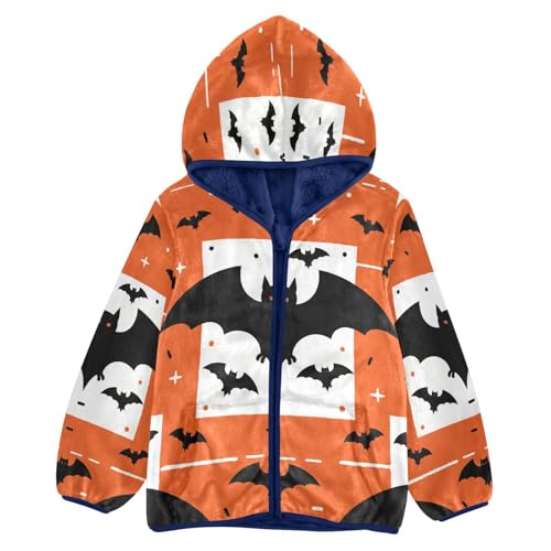 Halloween Bats on Orange Background Toddler Fleece Jacket Girl Boys Hooded Fleece Jacket Coat