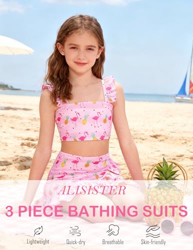 Image of ALISISTER Girls Swimsuit 3 Piece Bathing Suits Summer Bikini Tankini Sets with Cover Up Skirt for 4-12 Years