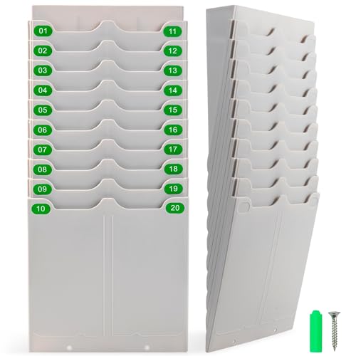Volcora Expandable Time Card Rack 20 Pockets, Time Card Holder Wall Mount with 20 Number Stickers and 2 Screws, for Attendance Recorder