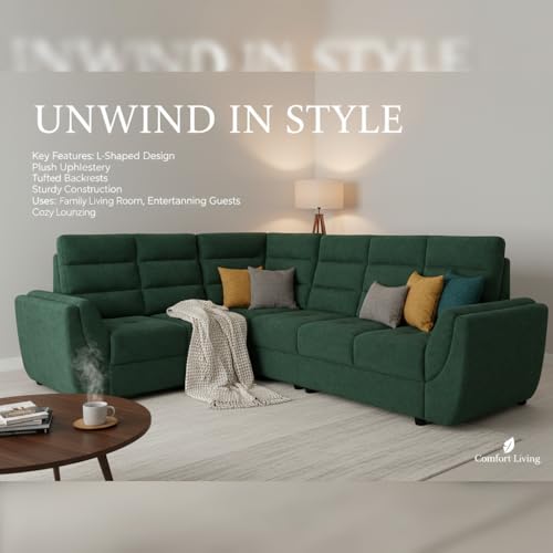 Image of APRODZ Wooden Sofa Set 6 Seater for Living Room, Solid Wood L Shape Sectional Sofa with Velvet Fabric Upholstery, Cushioned Seating for Home, Office & Lounge, Green