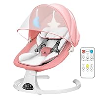 Baby Bouncer, Portable Electric Baby Swing with Bluetooth, 5 Swing Speed, 3-Stage Timer, 5-Point Harness, Remote Control & Touch Panel, Bouncer from Birth with 2 Soft Toys & Soft Pillow (Pink)