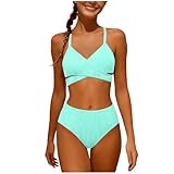 Girls Fashion Bikini Sets Two Piece Swimsuit V Neck Crop Top with High Waisted Brief Bottoms Tummy Control Beachwear Mint Green