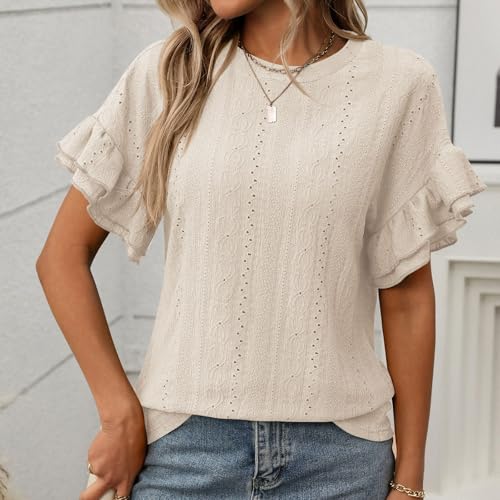 Camiseta de manga corta para mujer, cuello redondo y volantes, para verano, elegante, beige, S