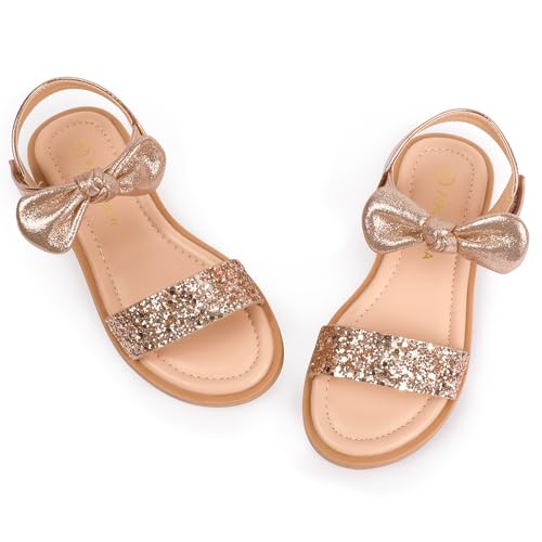 Image of PANDANINJIA Girls Sandals Open Toe Summer Flats Dress Shoes | Toddler /Little /Big Kid, Flower Girl, Lightweight Cushioned, Hook and Loop, Breathable Insole, Wedding, Party
