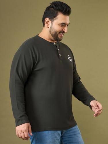 Image of Bigbanana Men Plus Size Solid Dark-Brown Full Sleeve Henley Tshirt