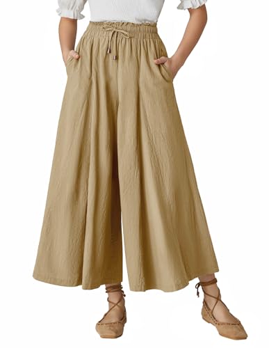 Scarlet Darkness Women Flowy Linen Palazzo Wide Leg Pants Long Lounge Pants with Pockets Khaki L