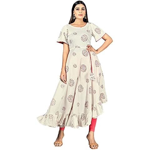 Kurti for Womens With Leggings | Indian Printed Rayon Dress Kurtis Kurta For Women Tops, White, Large Cover