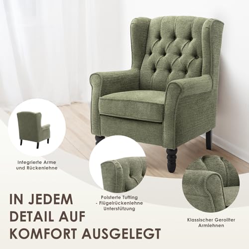 COLAMY Mid-Century Modern Sessel Wohnzimmer, Gepolsterter Wingback-Sessel mit Knopfsteppung, loungesessel Bezug aus Gewebe mit Massivholzbeinen für Wohnzimmer, Büro, Café - Grün