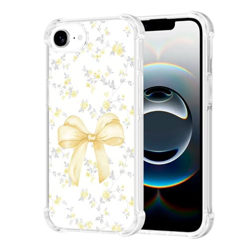 Vulfwela for iPhone 16e/iPhone 17e 6.1''Yellow Bow Floral Case,Cute Trendy Romantic Flower Pattern Clear Phone Case for Women Girls,Anti-Yellowing Anti-Fall Shockproof Full Body Protective Phone Cover