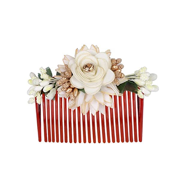 BBRATS Multicolour Pack of 3 Acrylic Comb Indo Western Embroidered Fancy Bridal Hair Clip/Side Pin/Comb Pin/Jooda Pin Hair Accessories with Cloth Rose Flower Embroidery for Women and Girls