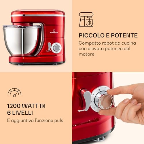 Klarstein Bella Mini - Mixer da cucina, 1200 W, 6 livelli di potenza, 4 litri, acciaio inox, funzione a impulsi - 2
