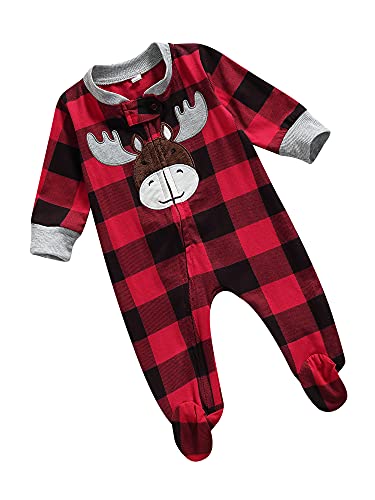 Paxlahby Pasgeboren Baby Jongens Meisjes Kerst Geruite Romper Winter Herten Geborduurd Patroon Voetmodel Jumpsuit Kleding, Rood Zwart A, 3-6 Maanden - Afbeelding 3