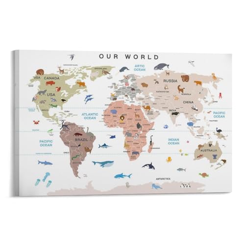 Poster con mappa del mondo con oltre 80 animali, decorazione per aula, asilo, cameretta dei bambini, poster educativo su tela, decorazione artistica da parete, decorazione artistica da parete, per