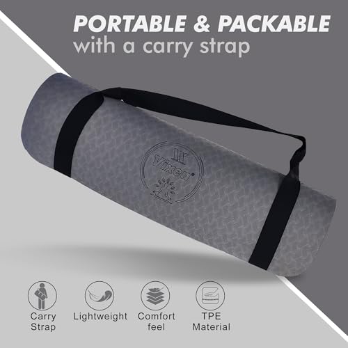Image of VIXEN Yoga Mat Premium 10 MM TPE I Non Slip Yoga Mat For Women and Men | Sweat Absorbent | Extra Thick, Long & Wide Premium Exercise Mat with Yoga Strap | Anti-Slip & Anti-Tear Ideal for Yoga (Grey)