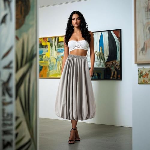 Women's Elastic Waist A Line Midi Bubble Pompom Casual Lantern Skirt Womens Bubble Skirt Pompom Skirt Lantern Skirt, Green4