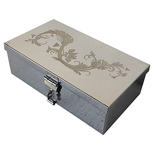 Image of Stainless Steel Steel Storage Boxes,Cash, Pooja Peti,Organizer,Safe Locker Box 8 Inch Storage Box (Steel) W-8 inch, H-2.50 inch, L-5 inch Cash Box With Laser Print Design (Small)