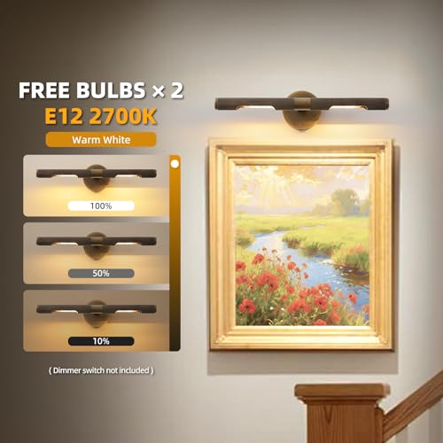 Image of Museum Gallery Bathroom Picture Light - 19 Inch Long Bronze Brass Dimmable Hardwired Wall Sconces with E12 Bulb - Frame Pictures Art Deco Sconce Lights for Painting Photo Artwork Library Vanity Over