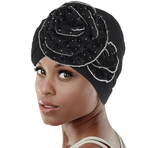 Turban africain noir à fleurs pour soirées et cérémonies élégantes en strass