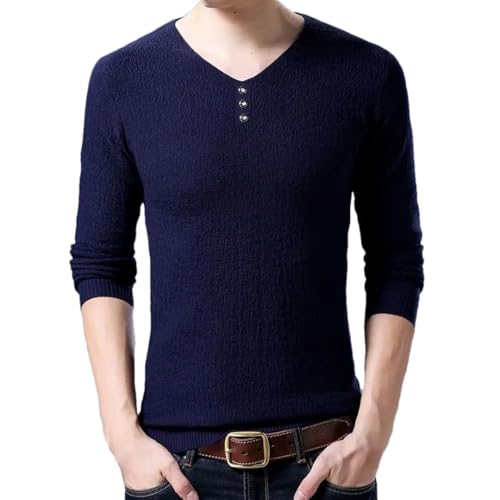 Men's V-Neck Knitted Sweater Slim Fit Button Design Casual Base Layer Pullover Top