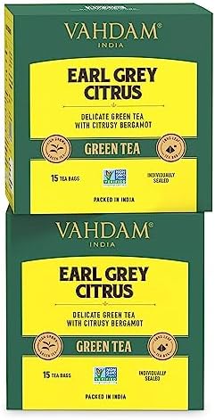 VAHDAM, Earl Grey Citrus Green (30 Tea Bags), Green Tea Leaves from the Himalayas blended with Natural Bergamot Oil - Finest Earl Grey Tea Bags, Long Leaf Bergamot Tea Bags
