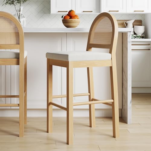 Image of Nathan James Bailey 29 in. Boucle Bar Stool with Back, Upholstered Kitchen Stool with Natural Rattan Woven Back and Solid Wood Legs, Oak Finish
