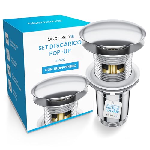 Bächlein Kit di piletta Universale con troppopieno per lavabi e lavandini - valvola a Soffietto cromata - incl.3 guarnizioni per Tutti i Tipi di lavabi, Tappo a Scatto - Scarico
